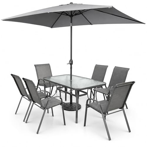 Set Da Giardino Con Tavolo In Vetro Temperato 6 Sedie E Ombrellone Rettangolare 2 x 3 Metri Per Terrazza Patio Piscina E Pranzi All Aperto Arredo Outdoor 150 x 90 x 71 Cm Grigio