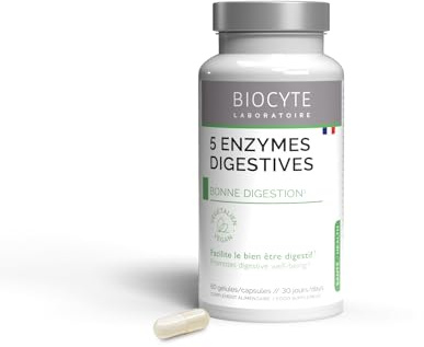 BIOCYTE 5 Enzymes Digestives - Complément Alimentaire Digestion - A base d'Amylase, Cellulase, Lactase, Lipase, Protéase et Menthe Poivrée - 60 Gélules - 30 jours de prise