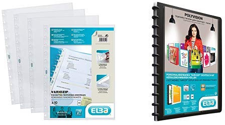ELBA 100206869 Prospekthüllen 10er pack mit vario-zipp-Prinzip manageMe! Ersatzhüllen oben offen glasklar & ELBA 100421115 Kunststoff-Ringmappe polyvision DIN