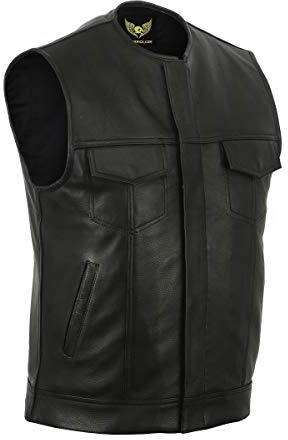 Leatherick SOA Gilet da motociclista in vera pelle da uomo senza colletto per motociclismo e moda, con tasche profonde (IT, Numero, 58, Regular, Regular)