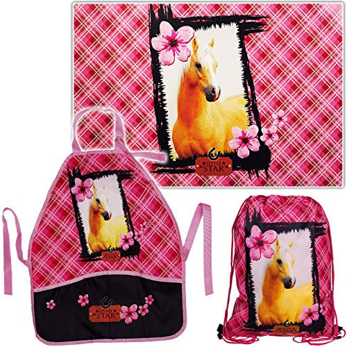 alles-meine.de GmbH Set: große - Schreibtischunterlage + Schürze + Beutel - Pferd & Blumen - Kinderschürze - Unterlage - 60 cm * 40 cm - abwischbar - Schreibunterlage/Bastelsch..