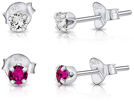 DTPsilver® 2 Pares de Semental Pendientes/Aretes de Plata de Ley 925 con Cristales Swarovski® Elements Minúsculos Redondos - Diámetro: 3 mm - Color: Cristal Claro + Fucsia