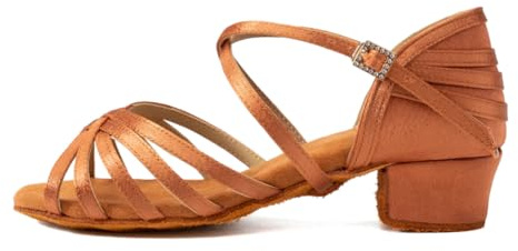 AOQUNFS Chaussures de Danse Latine Fille&Femme Satin Talon Bas Enfants' Pratique Chaussures de Salsa Bachata Tango de Salon,WZSP234-3.5-Marron,EU33