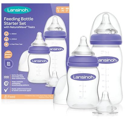 Lansinoh Feeding Bottle Starter Set with NaturalWave Teat, 2pk, 160ml & 240ml, Anti-Colic, BPA & BPS Free, Soft & Flexible, Purple