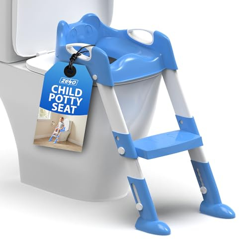ZENO Potty Training Seat | Toddler Toilet Seat | Toilet Seat Ladder | Toilet Steps for Toddlers | Kids Toilet Step with Cushioned Seat | Foldable Design for Easy Storage | Universal Fit | Blue