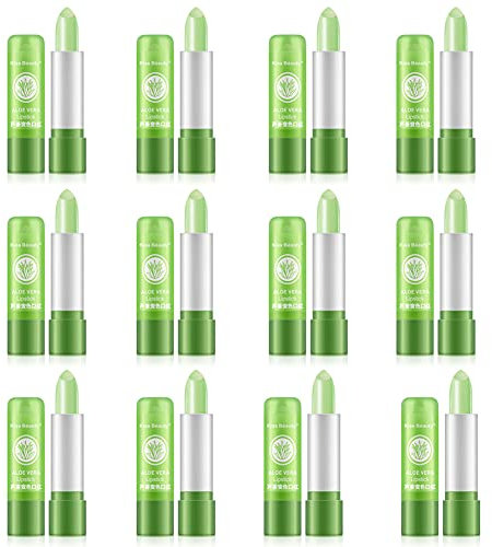 12 Stück Lippenbalsam Aloe Vera Jelly Lippenstift, Natürliche Grüner Magie Temperatur Farbwechsel Lippenstift, Lang anhaltendes Feuchtigkeitsspendendes Aloe Vera Lippenstift Set für Mädchen Geschenk