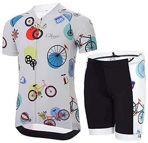SXSHUN Kinder Jungen Radtrikot Set Mädchen 2tlg Radsport Bekleidung Kurzarm Fahrrad Trikot Kurz Radhose mit Sitzpolster Atmungsaktiver Fahrradanzug, Weiß+Fahrrad, 134-140