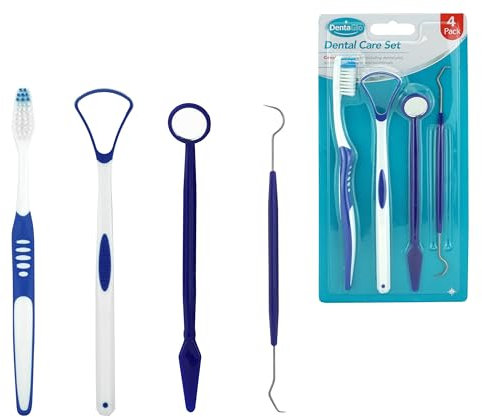 SRV Hub® 4-Pieces Dental Care Kit, Oral Cleaning Tool Set, Dental Pick, Dental Mirror, Tongue Cleaner and Toothbrush, Ideal for Travel or Small Bathrooms, Perfect for Kids 3+ Years