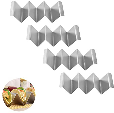 DYOUen 4 Stück Taco Halter, Edelstahl Halter Stand Set, Brezelständer, Tray Hält,für Tacos Sandwiches Würste behalter für Kinder Familien Partys (silbrig 4S)