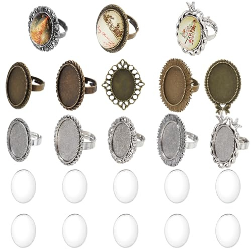 SUNNYCLUE 10 Stück Cabochon Fassungen Ringe Ovale Cabochon Ringe Cabochon Ring Basis Vintage Cabochons Aus Klarem Glas Verstellbare Ring Basis Fassungen Leere Cabochon Ringe Für Schmuckherstellungs Se