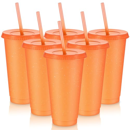 Lot de 6 gobelets réutilisables en plastique avec couvercles et pailles pour café glacé à paillettes pour smoothie, jus de fruits, boisson froide, tasse à café en vrac pour adulte, enfant, femme