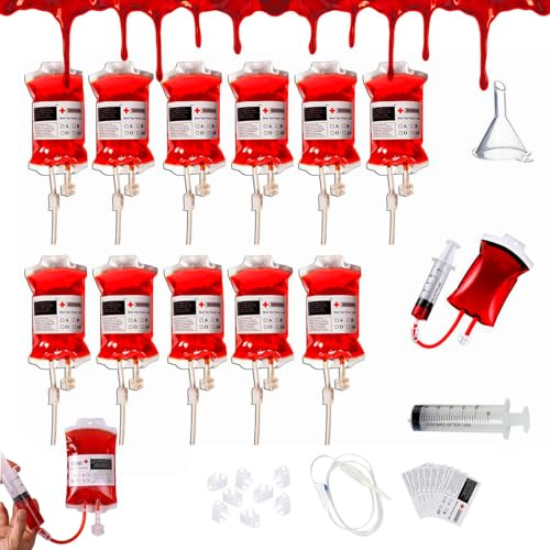 11 Piezas Bolsas para Bebidas de Halloween, Bolsa de Sangre, 350 ml Bolsa de Sangre, Bolsa de Sangre de Halloween, Bolsa de Bebidas Reutilizable Bolsa de Infusión con Jeringuilla y Tubo de Infusión
