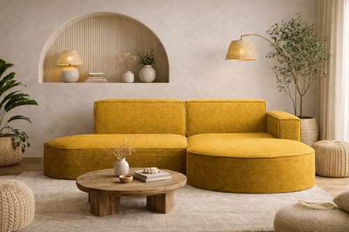 Kaiser Möbel - Ecksofa mit Wohnlandschaft, Eckcouch L-Form, Sofa 3-sitzer, Polstersofa, Bequemes Couch mit Ottomane für Wohnzimmer, Relaxsofa, Stilvolles Cord Sofa, Modena Studio, Gelb, Rechts