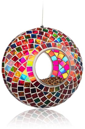 Backyard Expressions Hanging Glass Bird Feeder - Multicolor - Fly Through Bird Feeders for Outside, Mosaic Bird Feeder, Round Shape Wild Birdfeeder