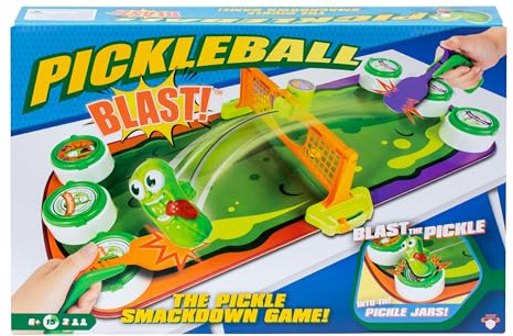 Pickleball Blast - The Pickle Smackdown Game, Boys and Girls Will Love to Smash the Wildly Wiggling Pickle With Their Pickleball Paddle and Try to Flip Over the Pickle Jar Lids to Win | Button-controlled paddles hit wiggling pickle over net, fast-paced; 2-player game for kids ages 6+