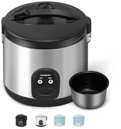 MOOSUM Electric Rice Cooker with One Touch for Asian Japanese Sushi Rice, 1.8L for 3-10 People, 10-cup Uncooked, Convenient Cooker with Steamer, Stainless Steel Housing and Auto Warmer, Silver