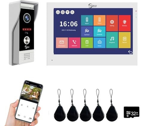 1080P Video Door Phone Apartment Doorbell Intercom System, 7-inch Wired Touchscreen, Supports Swipe Card Entry and Motion Detection (1, White)