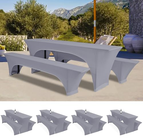 Lumaycens Vier 3er-Set Biertischhussen 220 x 50 x 70cm, hussen bierzeltgarnitur, hellgrau, Stretch-Bezüge für Biertisch-und Bankgarnituren, Bierbankhussen, Spandex-Bierzeltgarnitur für Bankett