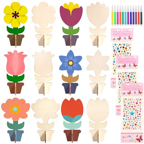 12 Stück Blumen Holzbastelsets für Kinder, Bastelset Kindergeburtstag, Holz Basteln, Blumen aus Holz, Gestalten und als Dekoidee (Style 2)