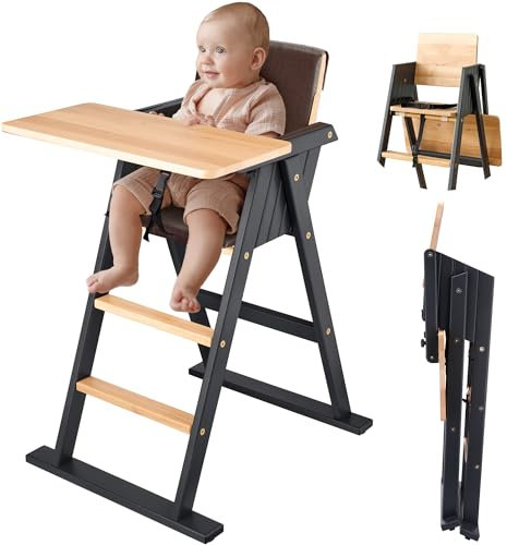 VILHA Klappbarer Hochstuhl, Baby Hochstuhl aus massivem Holz mit Sitzkissen, Holz Essbrett und Schutzbügel, 3-Punkt-Gurt und Schrittgurt, Highchair ab 6 Monaten, Platzsparend Kinderstuhl