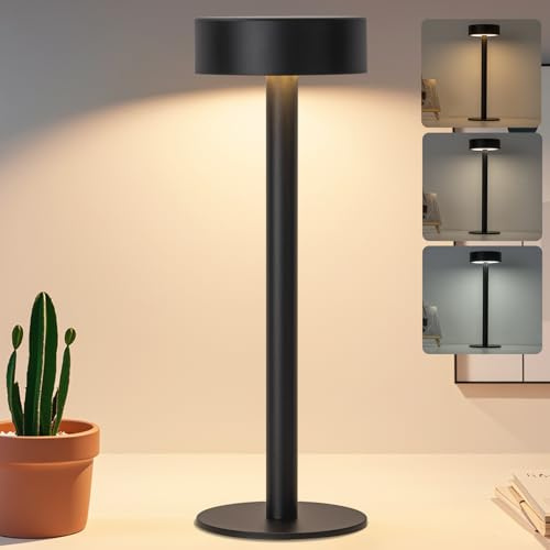 Briever Cordless Table Lamp, Rechargeable Battery Operated Lamp with 3 Colors Stepless, Dimmable LED Desk Lamp for Restaurant, Portable Touch Lamp for Living Room, Bedroom, Patio, Camping (Black)