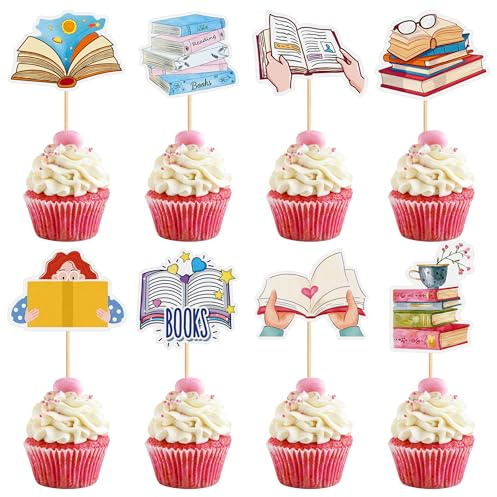 32Pcs Floral Books Cupcake Toppers Reading Book Cupcake Decorations | Book Reading Birthday Cupcake Topper, Student Birthday Cupcake Decorations,Library School Theme Party Decorations