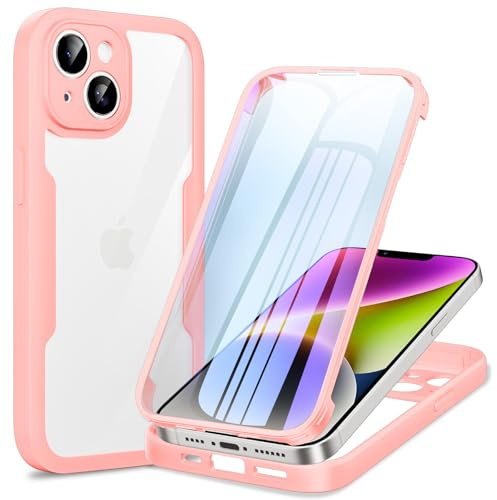 Phoona Cover per iPhone 14 con Pellicola Protettiva Trasparente, Antiurto Silicone Custodia 360 Gradi Full Body Protezione, AntiGraffio Robusta Cover per iPhone 14, Rosa