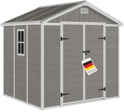 STEELSØN Novara Gerätehaus – Gartenschuppen mit Satteldach & Fenster – Gartenhaus 226,5x200x230 cm (HxTxB) – Geräteschuppen aus Kunststoff in Grau – Gartenhütte wetterfest & rostfrei – Schuppen