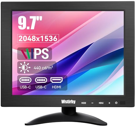 Wstirhy 9.7 Zoll Kleiner Monitor 2K (2048 * 1536) LED IPS 4:3 Bildschirm mit HDMI USB-C Monitor für PC, Computer, integrierter Lautsprecher