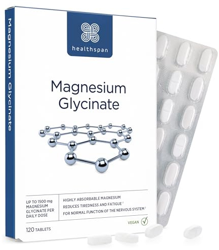 Healthspan Magnesium Glycinate 1500mg | Unwind at Bedtime | Reduces Tiredness & Fatigue | Maintains Normal Muscle & Psychological Function | Gentle on Your Stomach | Vegan (120 Tablets)