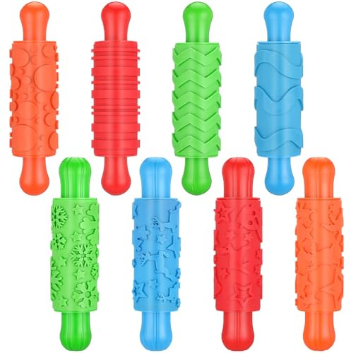 Aoriher 8 Pcs Play Clay Rollers for Kids Textured Rollers with Plastic Handles Play Clay Accessories Pattern Rolling Pins for DIY Art Signs Posters Craft Creations