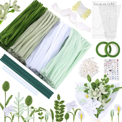 MKLG 435 Stück Pfeifenreiniger Blumen Set, Pfeifenputzer Blumen Zum Basteln, Mit Grüne Blumenstöcke, Klebebandrollen, Klebestifte, Anleitungen, Blumenstraußverpackungen, Bänder