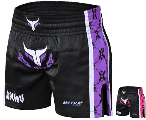 Muay Thai-shorts för damer, burfighting-shorts, MMA kickboxningsshorts för kvinnor – för träning, grappling och kampsport (DE/NL/SE/PL, Alfa, S, Regelbunden, Regelbunden, Svart/Lila)