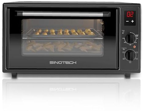 Sinotech Forno Elettrico Ventilato 45L,Timer digitale, Pareti smaltate, 1600W, Timer da1 min a 4h, Termostato 250°C, Funzione Yogurt, 5 Livelli di Cottura, Doppio Vetro, Nero