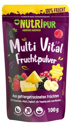 NutriPur Multi Vital Polvere di frutta: 100 g di frutta in polvere liofilizzata – Frutta secca senza zuccheri aggiunti – Frutta in polvere, Frutta liofilizzata – Frutti secchi