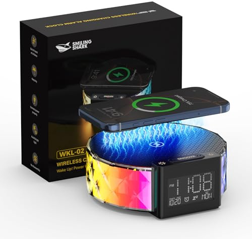 Smiling Shark Lumière de Réveil, Intelligente Lampes Réveil Chargeur sans Fil avec 3 Niveaux et Éclairage RGB Contrôle Tactile Ambiance Veilleuse Reveil Lampe de Chevet Charge pour Chambre Décor