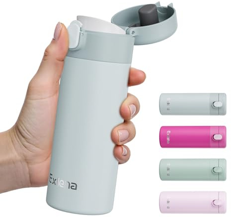 Exllena Mini Gourde Isotherme 380ml avec Couvercle Clip - Petite Bouteille Isotherme - Étanche - Double Paroi Inoxydable - Idéale en Voyage, Bureau ou École(Gris)
