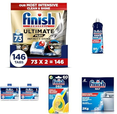 Finish Ultimate PlusBundle of Finish Dishwasher Tablet, Ultimate Plus Infinity Shine, 146 Tabs (73 x 2pck), with Rinse Aid 800ml, Salt 2KG, Dishwasher Freshener Lemon & Twin Pack Dishwasher Cleaner