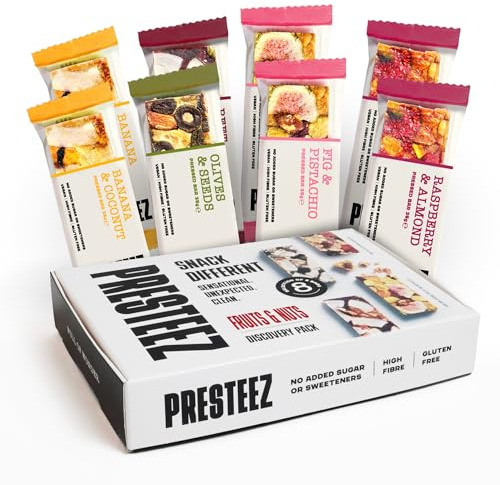 Presteez Fruit & Nut Mixed Flavours Bars, Vegan, No Added Sugar, 8 Pack | Minimally processed clean eating healthy snacks for adults, vegan, gluten free, no added sugar or sweeteners, 5 flavours, 35g