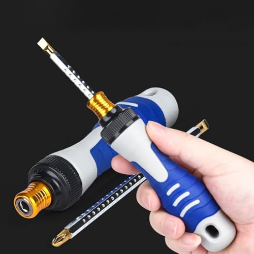 Yhenlovtt Destornillador de trinquete telescópico ajustable con puntas cruzadas ranuradas, juego de herramientas manuales de reparación de doble propósito en azul/gris, kit de acero al cromo vanadio