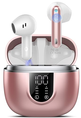 Auriculares Inalámbricos Bluetooth, Auriculares Bluetooth 5.4 HiFi Estéreo, 45H Cascos Inalambricos Bluetooth con ENC Reducción de Ruido, Pantalla LED, Control Táctil, USB-C, IP7 Impermeable Oro Rosa