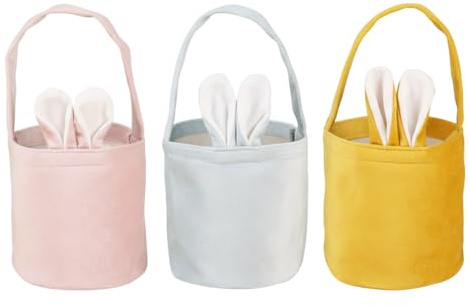 3 Stück Osterkörbchen, Osterkorb, Osternest mit drei dekorativen Beuteln in Gelb, Blau und Rosa, vielseitige Osterdekoration für festliche Anlässe, handliche Taschen mit praktischem Tragegriff, ideale