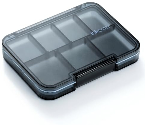 Small Pill Organiser Ultra Thin, QUARDINE Removable Divider Purse Pill Case with Moistureproof Silicone Seal, 7 Compartments Portable Travel Pill Box for Vitamins, Supplements, Fish Oil (Black)