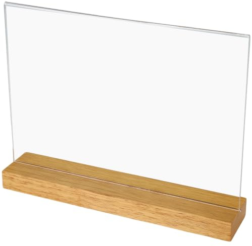HMF Acryl Tischaufsteller im DIN A4 Querformat, Tischkartenhalter mit massivem Holzfuß aus Eiche, T-Aufsteller, Glasklar