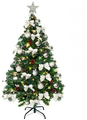 Weihnachtsbaum künstlich (WBD) 120 cm grün mit Weihnachtsdeko Silber und Led Lichterkette mit Batteriebox und Fernbedienung künstlicher Christbaum klein Tannenbaum