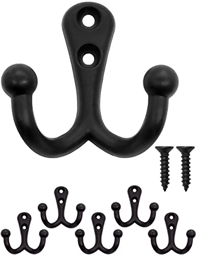 Fuxxer 5x Massive Doppel-Haken Wandhaken, Garderobenhaken, Vintage, Eisen, Schwarz