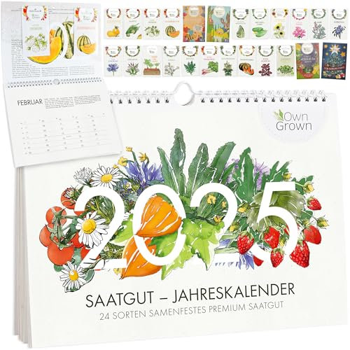OwnGrown Saatgut Kalender 2026 Wandkalender A4 - Gartenkalender mit 24 Sorten Samen - Monatskalender für Kräuter, Gemüse, Obst, Blumen - Adventskalender 2026 Frauen und Männer