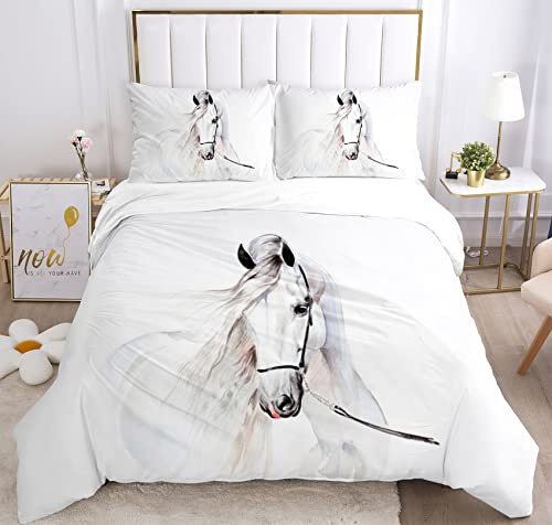 JEFFEL Set di Biancheria da Letto per Cavalli con Stampa 3D, Copripiumino con Cerniera, Incluso 1 Copripiumino e 2 Federe, Biancheria da Letto per Ragazzi e Ragazze (135x200cm, Cavalli -1)