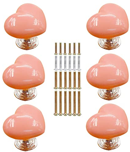 6 Pomoli in ceramica a forma di cuore per armadietti, pomelli per mobili per bambini, pomelli per armadio,maniglie per mobili, Pomelli Cucina con 4 Dimensioni Vite (32x32x38mm, rosa)
