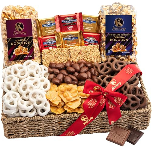 KREMERY Creamy Chocolate Cravings Purim Mishloach Manot Chocolate Covered Pretzels, Nuts, Candy & Caramel Popcorn (Deluxe, 3.5 lbs) Ramadan Gifts Sweet Treats in Seagrass Tray with Ribbon Kosher